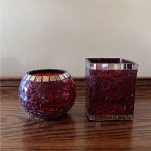 Elegant Mosaic Candle Holders - Red and Silver